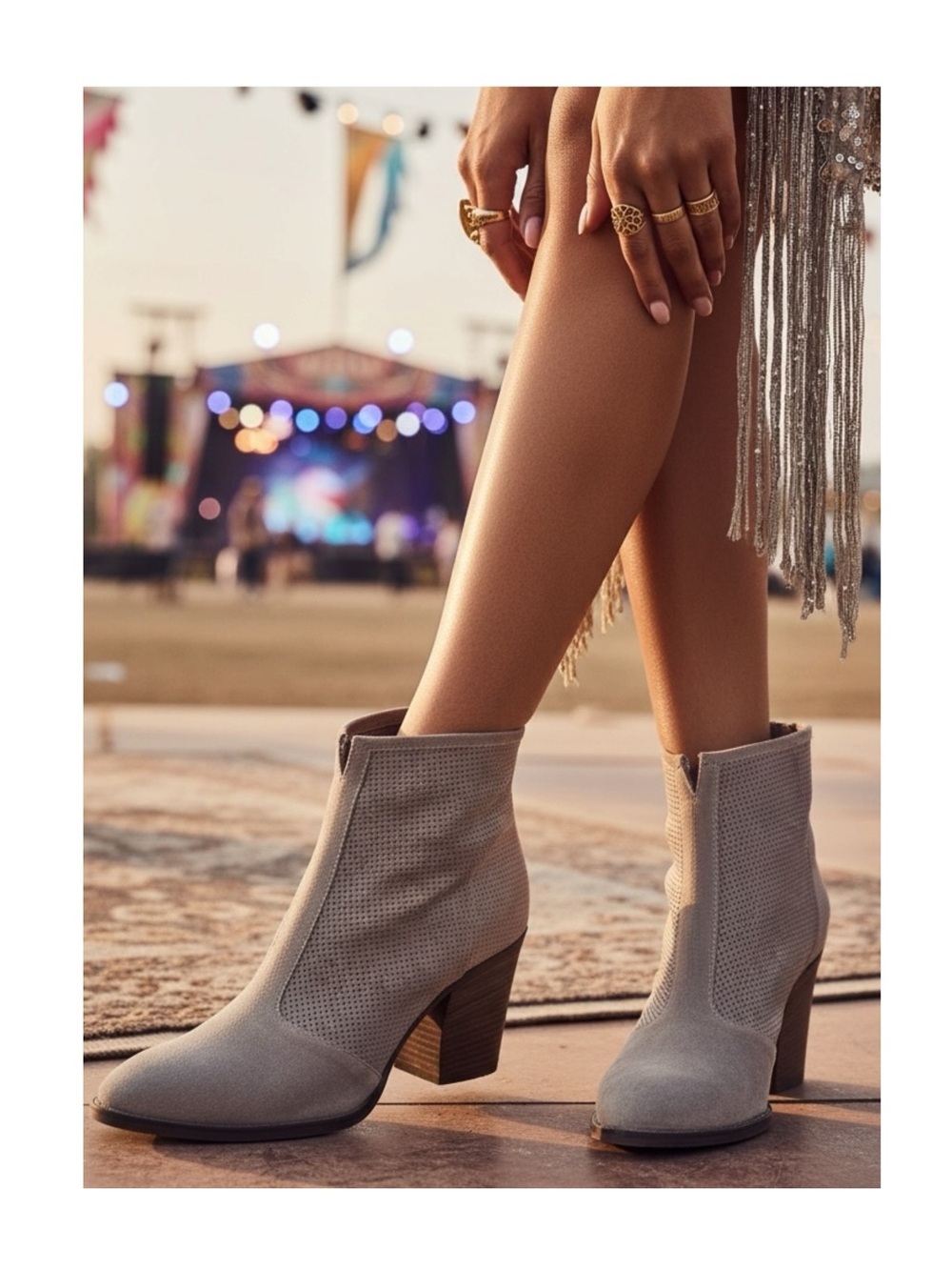 Aquatalia  Faris Perforated Suede Block Heel Booties Boots  Taupe Grey  10M